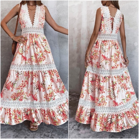 Boho Lace V neck Ruffle Maxi Dress Sleeveless - Picture 3 of 5